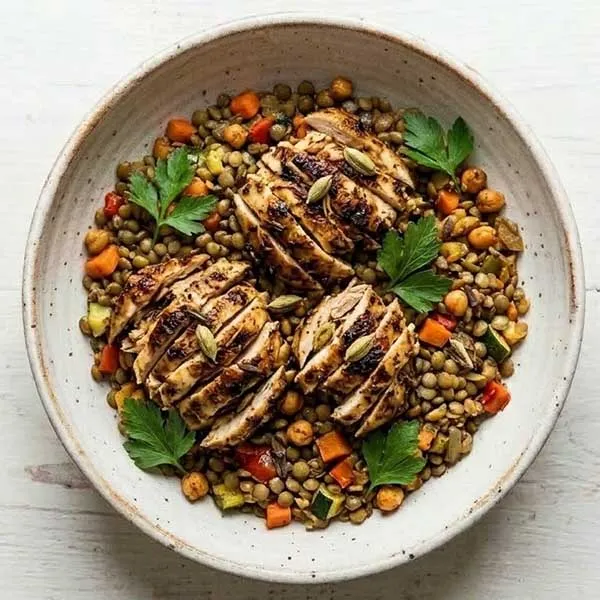 Kapsa spiced chicken with lentil and vegetable mix
